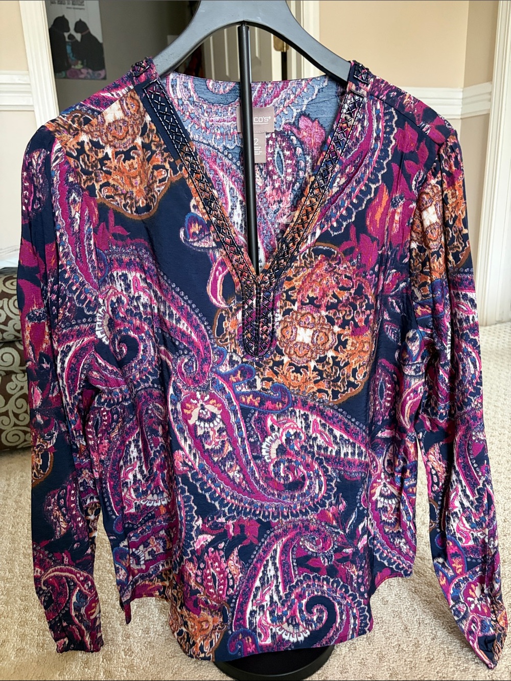 Chico's Navy, Magenta & Rust Paisley V-Neck Blouse